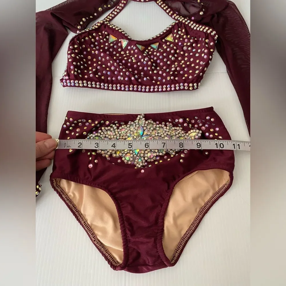 Glamour solo dance costume burgundy red 2 piece jazz contemporary MC-Med child